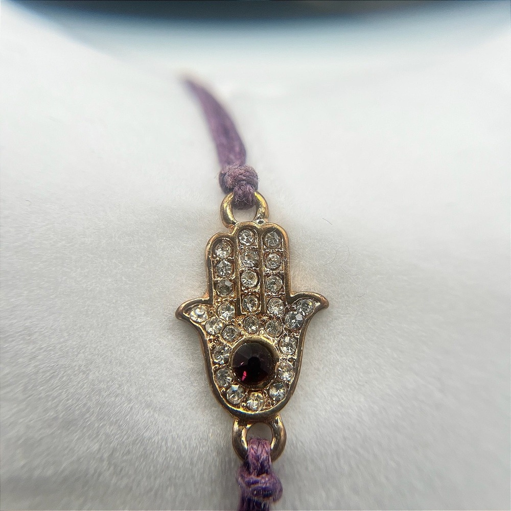 Vintage‎ Hamsa Hand Charm Bracelet Gold Tone Rhinestones Purple Cord Macrame